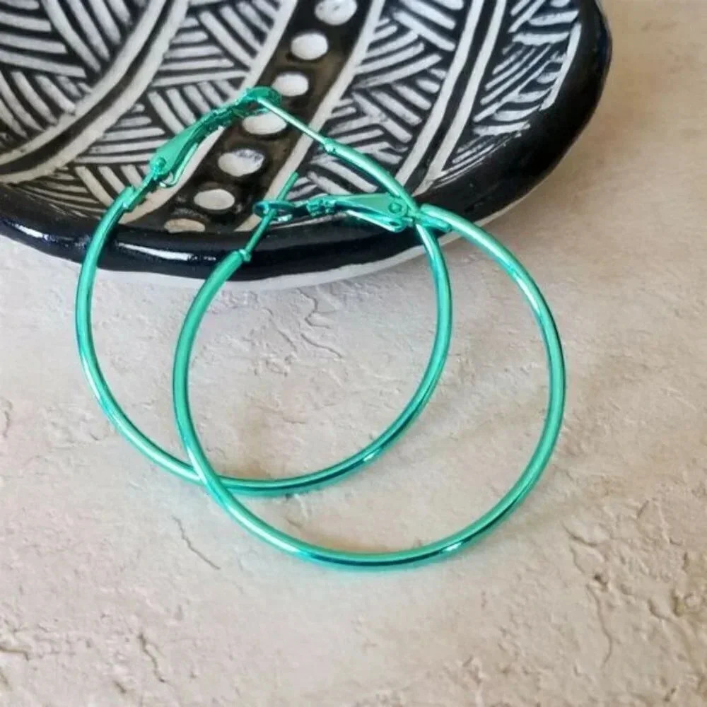 Sleek Green Large Hoop Earrings 40mm 1.6" Leverback Minimalist Classic